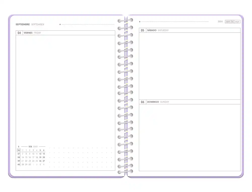Agenda escolar 26-27 espiral essentials día página A5+ bilingue 80g FSC morado Antartik