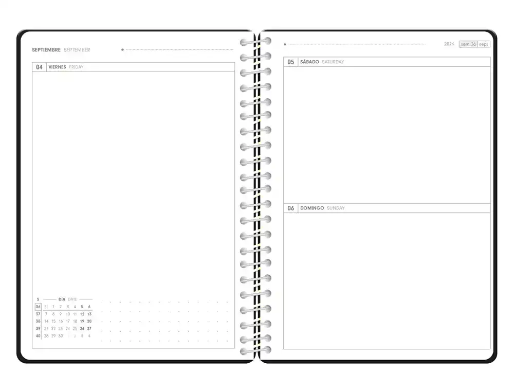 Agenda escolar 26-27 espiral essentials día página A5+ bilingue 80g FSC negro Antartik