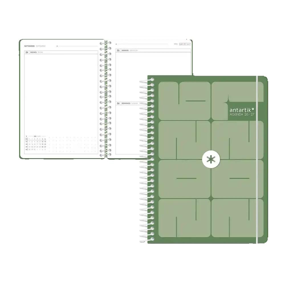 Agenda escolar 26-27 espiral essentials día página A5+ bilingue 80g FSC verde Antartik