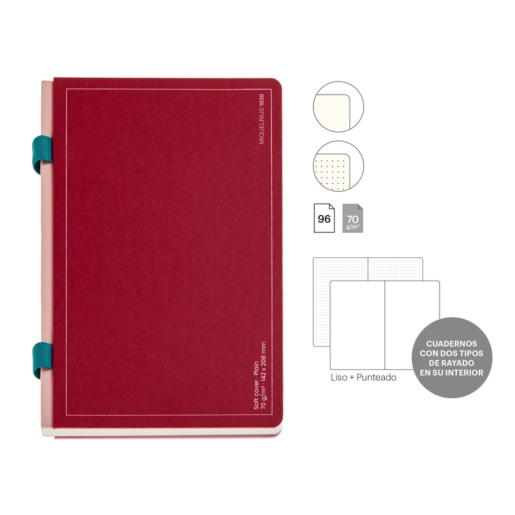 Libreta A5 con doble interior, 86 hojas lisas y 10 punteadas dots, Cubierta de cartón, Lomo de tela, Papel marfil de 70 g/m², Goma portabolígrafos Miquelrius