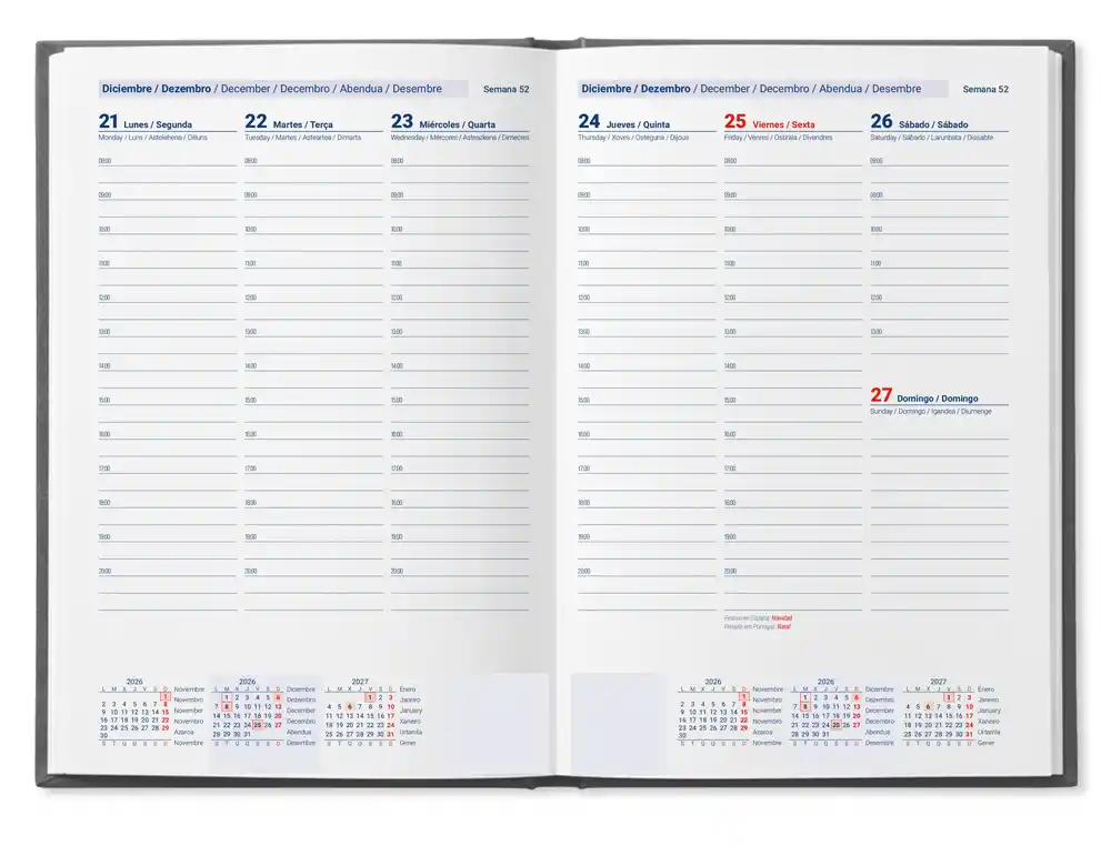 Agenda encuadernada 2027 Creta semana vista 80x150mm bilingüe 70g FSC Liderpapel