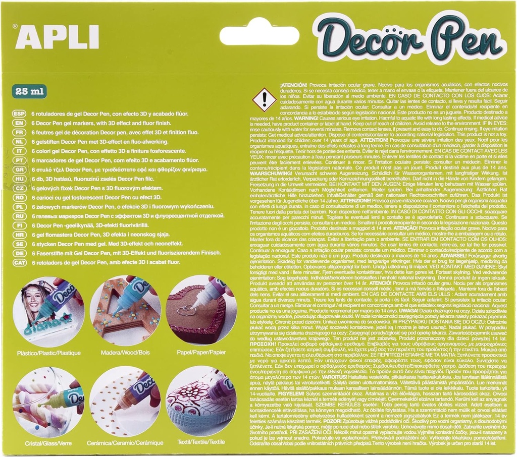 Rotuladores efecto 3D - Decorpen acabado FLUOR ideales para decorar todo tipo de superficies 6uds Apli
