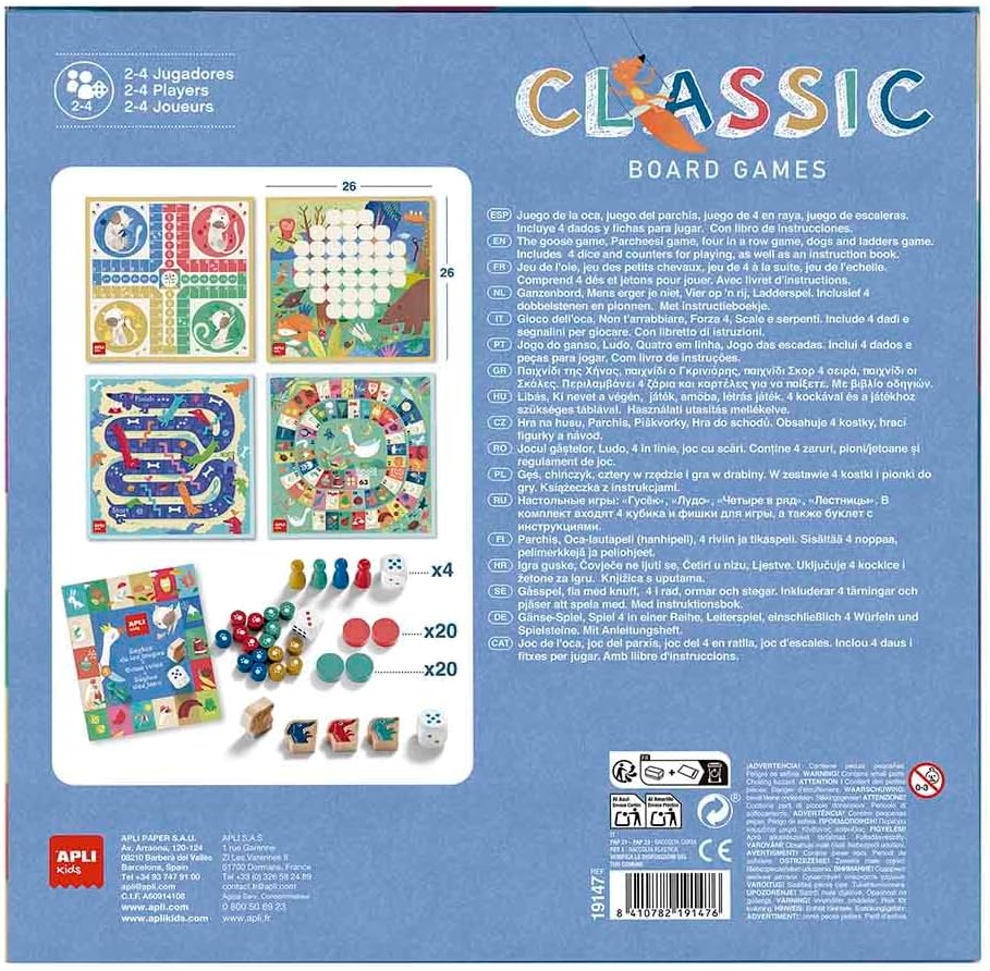 Juegos reunidos 4 en 1, set de 4 juegos clásicos de mesa ilustrados: oca, parchís,escaleras y 4 en raya. +3a Apli
