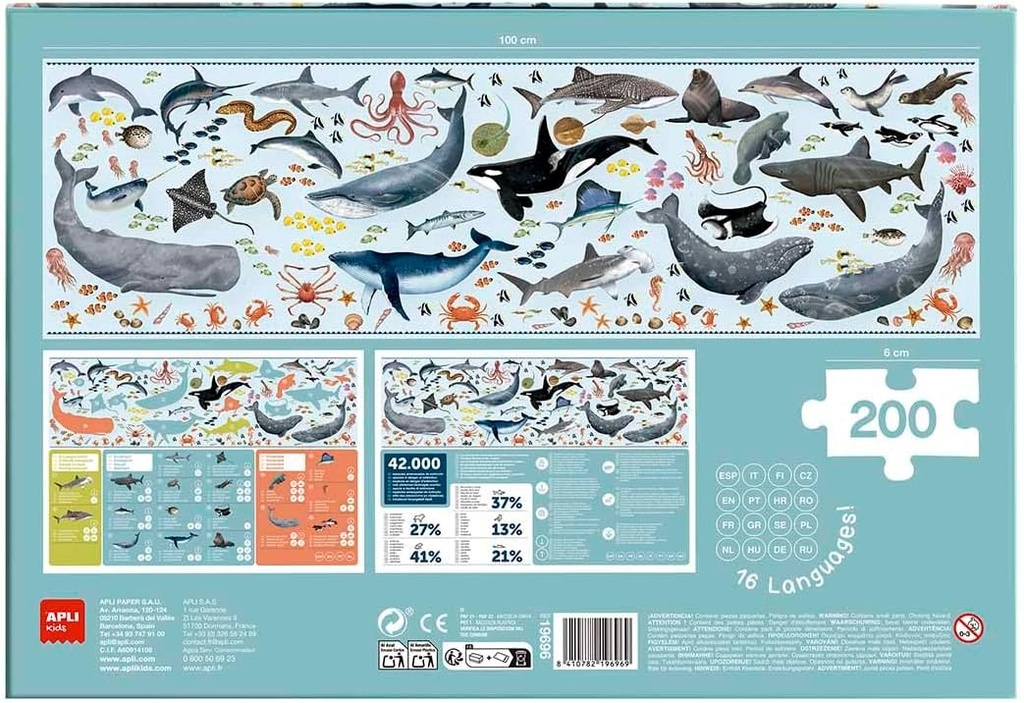 Puzzle educativo de Animales amenazados, modelo Océano, 200 piezas tamaño 6x3 cm +6A Apli