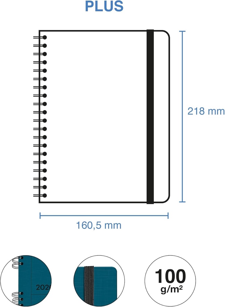 Agenda 2026 día por página, Similar A5+ (160.5 x 218 mm), Planificación diaria, Tapa texturizada, Papel 100 g/m², Cierre elástico, Espiral metálico dividido, Español-EN-PT, Marino Miquelrius