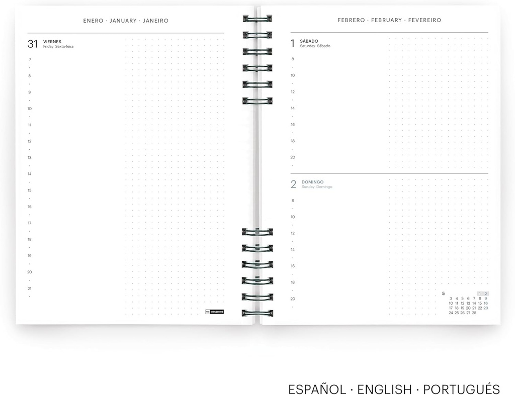Agenda 2026 día por página, Similar A5+ (160.5 x 218 mm), Planificación diaria, Tapa texturizada, Papel 100 g/m², Cierre elástico, Espiral metálico dividido, Español-EN-PT, Marino Miquelrius