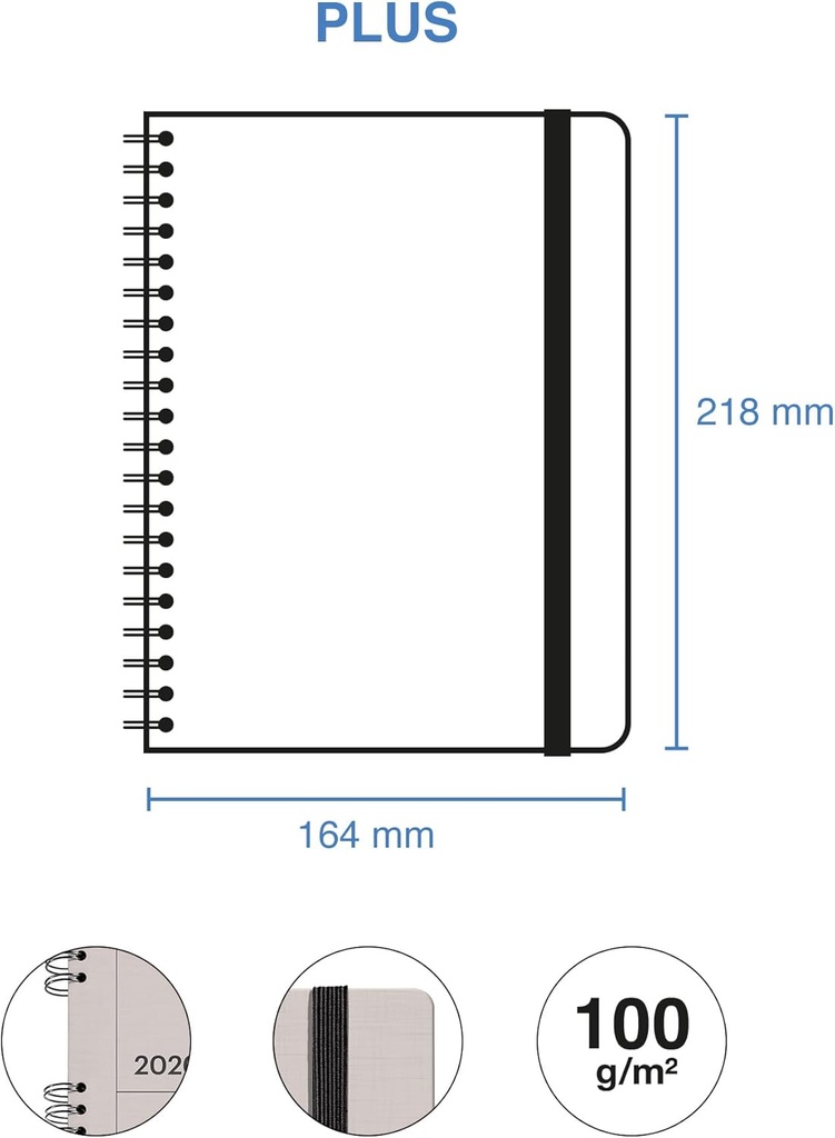 Agenda 2026 día por página, Similar A5+ (160.5 x 218 mm), Planificación diaria, Tapa texturizada, Papel 100 g/m², Cierre elástico, Espiral metálico dividido, Español-EN-PT, Gris Miquelrius