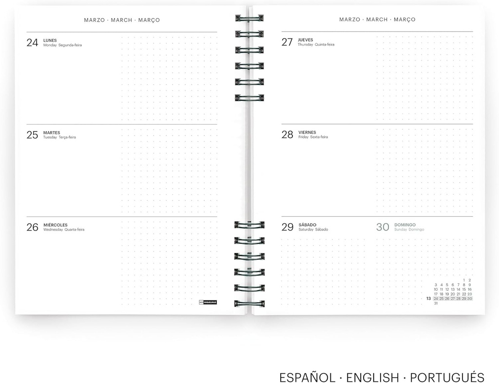 Agenda 2026 semana vista, Similar A5+ (160.5 x 218 mm), Planificación semanal, Tapa texturizada, Papel 100 g/m², Cierre elástico, Espiral metálico dividido, Español-EN-PT, Malva Miquelrius