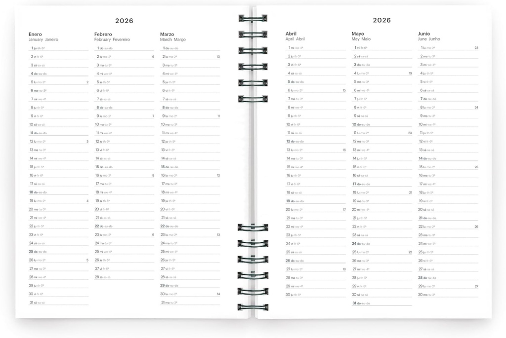 Agenda 2026 semana vista, Similar A5+ (160.5 x 218 mm), Planificación semanal, Tapa texturizada, Papel 100 g/m², Cierre elástico, Espiral metálico dividido, Español-EN-PT, Malva Miquelrius