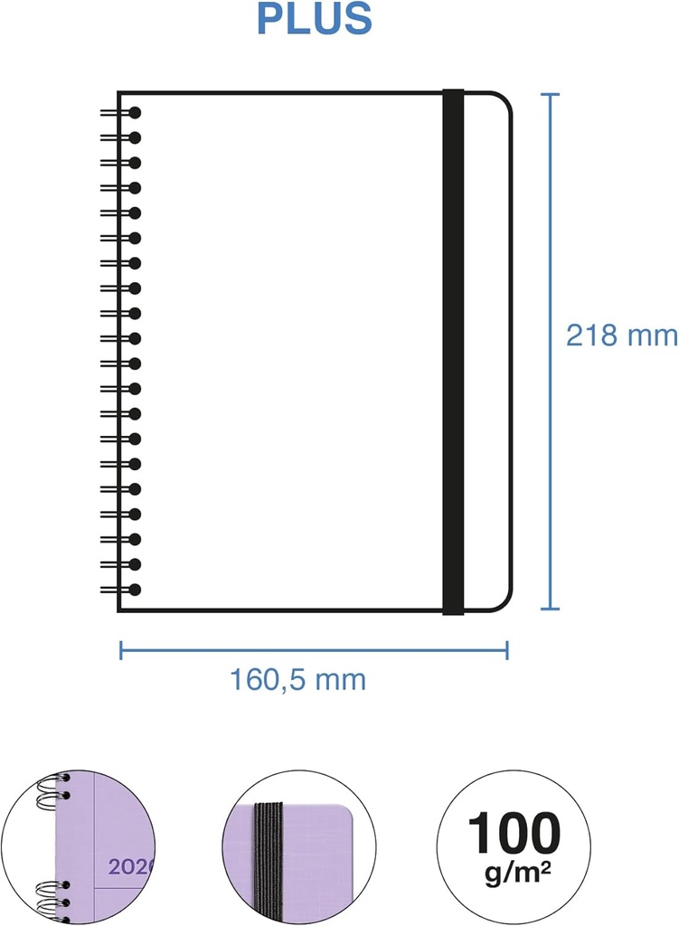 Agenda 2026 semana vista, Similar A5+ (160.5 x 218 mm), Planificación semanal, Tapa texturizada, Papel 100 g/m², Cierre elástico, Espiral metálico dividido, Español-EN-PT, Malva Miquelrius