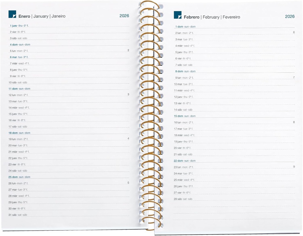 Agenda 2026 día por página, Similar A6+ (117 x 182 mm), Planificación diaria, Cubierta rígida cartón, Espiral, Cierre goma elástica, Papel 80 g/m², Español-EN-PT, Noir garden Miquelrius
