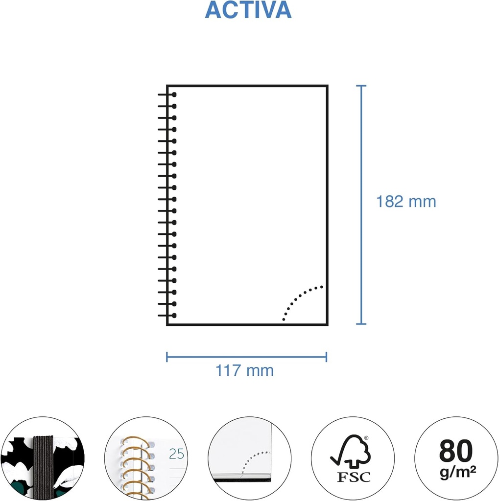 Agenda 2026 día por página, Similar A6+ (117 x 182 mm), Planificación diaria, Cubierta rígida cartón, Espiral, Cierre goma elástica, Papel 80 g/m², Español-EN-PT, Noir garden Miquelrius