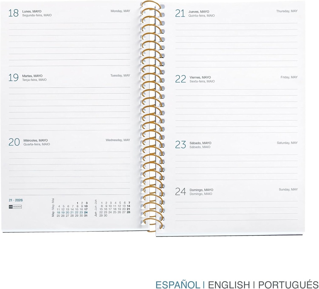 Agenda 2026 semana vista, Similar A6+ (117 x 182 mm), Planificación semanal, Cubierta rígida cartón, Espiral, Cierre goma elástica, Papel 80 g/m², Español-EN-PT, Leopard Miquelrius