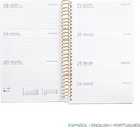 Agenda 2026 semana vista, Similar A6+ (117 x 182 mm), Planificación semanal, Cubierta rígida cartón, Espiral, Cierre goma elástica, Papel 80 g/m², Español-EN-PT, Leopard Miquelrius