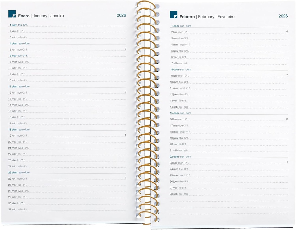 Agenda 2026 semana vista, Similar A6+ (117 x 182 mm), Planificación semanal, Cubierta rígida cartón, Espiral, Cierre goma elástica, Papel 80 g/m², Español-EN-PT, Leopard Miquelrius