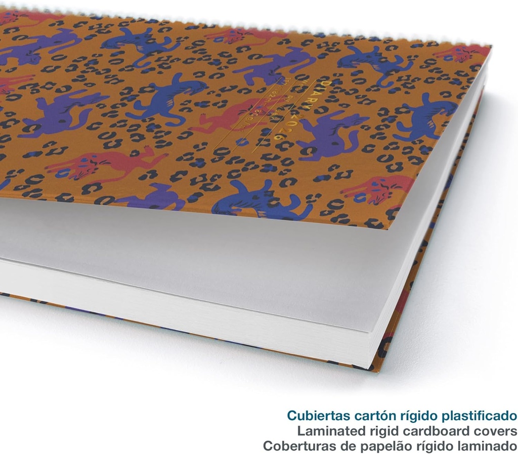 Agenda 2026 semana vista, Similar A6+ (117 x 182 mm), Planificación semanal, Cubierta rígida cartón, Espiral, Cierre goma elástica, Papel 80 g/m², Español-EN-PT, Leopard Miquelrius