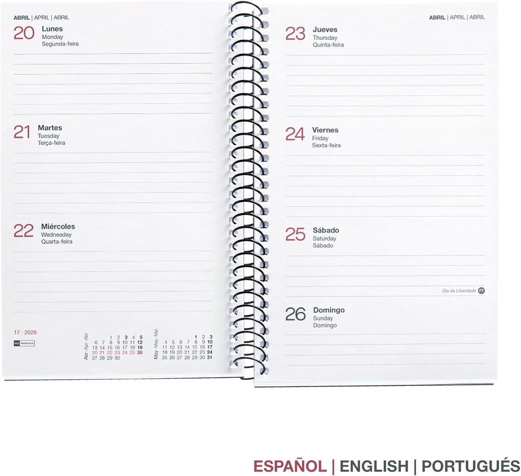 Agenda 2026 semana vista, Similar A6+ (117 x 182 mm), Cubierta flexible polipropileno, Espiral, Papel 80 g/m², Planificador semanal, Español-EN-PT, Color rojo Miquelrius