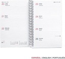 Agenda 2026 semana vista, Similar A6+ (117 x 182 mm), Cubierta flexible polipropileno, Espiral, Papel 80 g/m², Planificador semanal, Español-EN-PT, Color rojo Miquelrius