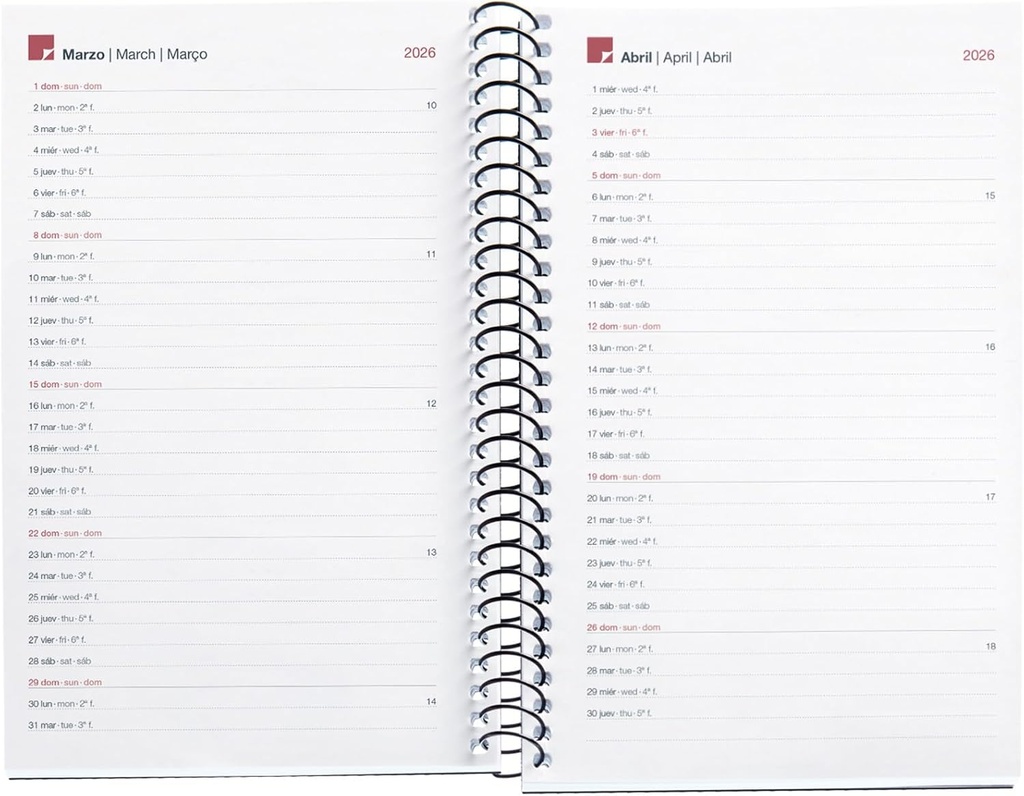 Agenda 2026 semana vista, Similar A6+ (117 x 182 mm), Cubierta flexible polipropileno, Espiral, Papel 80 g/m², Planificador semanal, Español-EN-PT, Color rojo Miquelrius