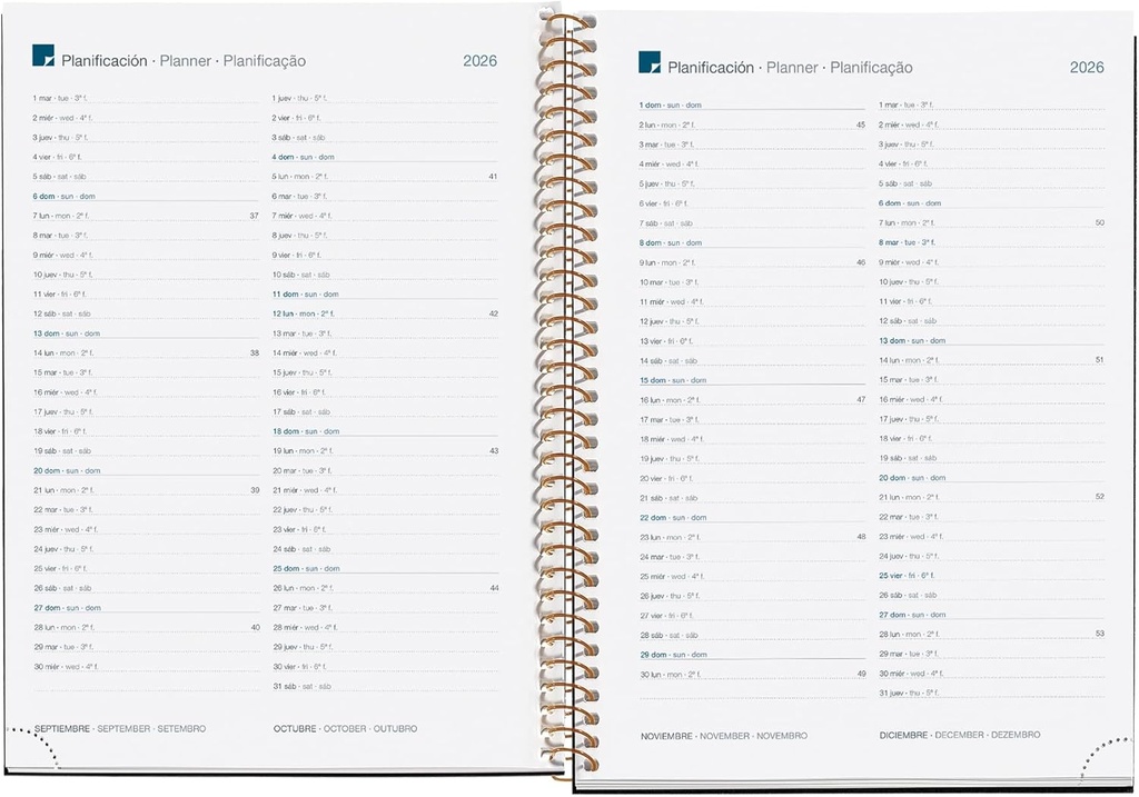 Agenda 2026 día por página, Similar A5+ (155 x 213 mm), Planificación diaria, Cubierta rígida cartón, Espiral, Cierre goma elástica, Papel 80 g/m², Español-EN-PT, Confeti Miquelrius