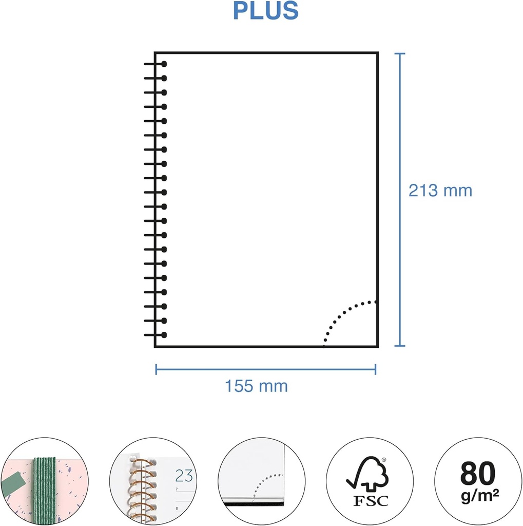 Agenda 2026 día por página, Similar A5+ (155 x 213 mm), Planificación diaria, Cubierta rígida cartón, Espiral, Cierre goma elástica, Papel 80 g/m², Español-EN-PT, Confeti Miquelrius