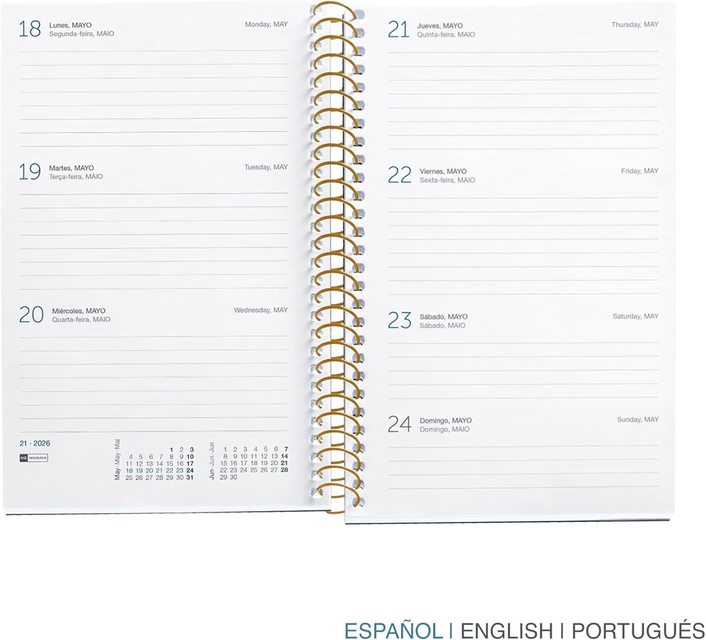 Agenda 2026 semana vista, Similar A6+ (117 x 182 mm), Planificación semanal, Cubierta rígida cartón, Espiral, Cierre goma elástica, Papel 80 g/m², Español-EN-PT, Trazos Miquelrius