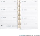 Agenda 2026 semana vista, Similar A6+ (117 x 182 mm), Planificación semanal, Cubierta rígida cartón, Espiral, Cierre goma elástica, Papel 80 g/m², Español-EN-PT, Trazos Miquelrius