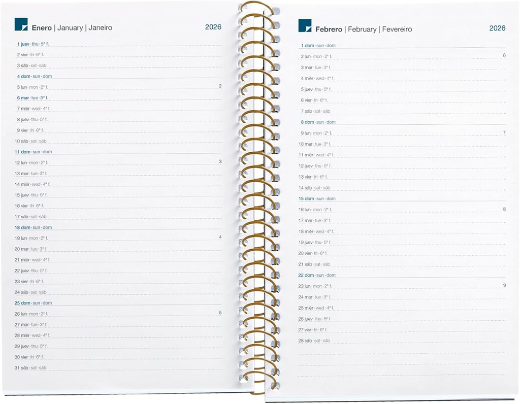 Agenda 2026 semana vista, Similar A6+ (117 x 182 mm), Planificación semanal, Cubierta rígida cartón, Espiral, Cierre goma elástica, Papel 80 g/m², Español-EN-PT, Trazos Miquelrius