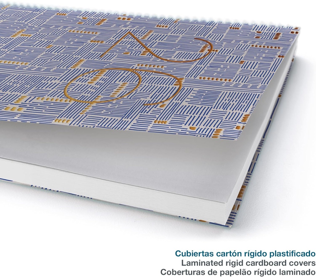 Agenda 2026 semana vista, Similar A6+ (117 x 182 mm), Planificación semanal, Cubierta rígida cartón, Espiral, Cierre goma elástica, Papel 80 g/m², Español-EN-PT, Trazos Miquelrius