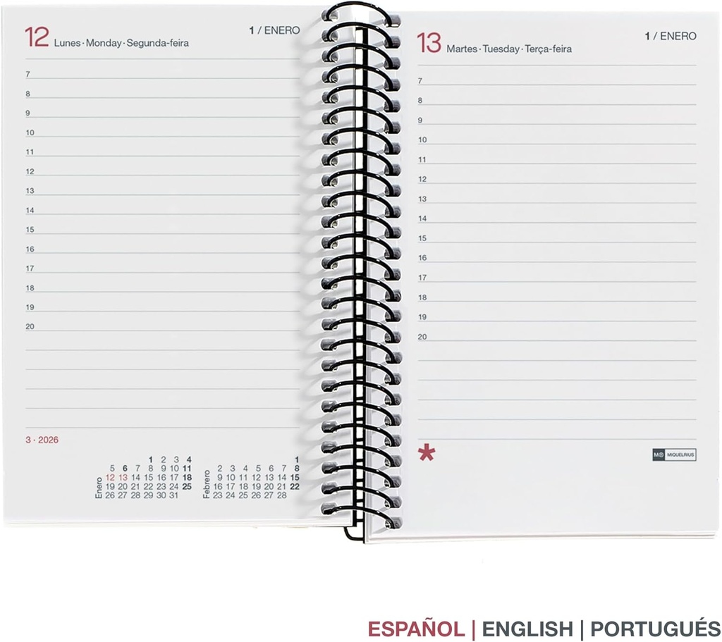 Agenda 2026 día por página, Pequeña y portátil (80 x 120 mm), Cubierta flexible polipropileno, Espiral, Papel 80 g/m², Planificador diario, Español-EN-PT, Color negro Miquelrius