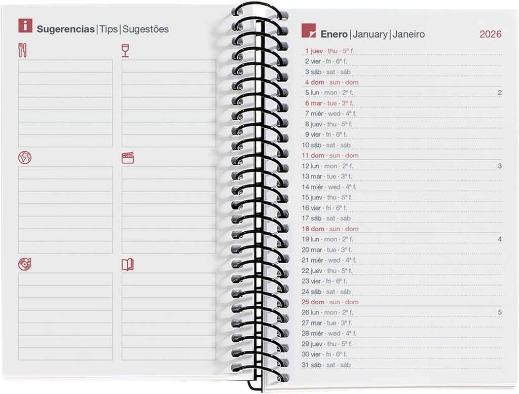 Agenda 2026 día por página, Pequeña y portátil (80 x 120 mm), Cubierta flexible polipropileno, Espiral, Papel 80 g/m², Planificador diario, Español-EN-PT, Color negro Miquelrius