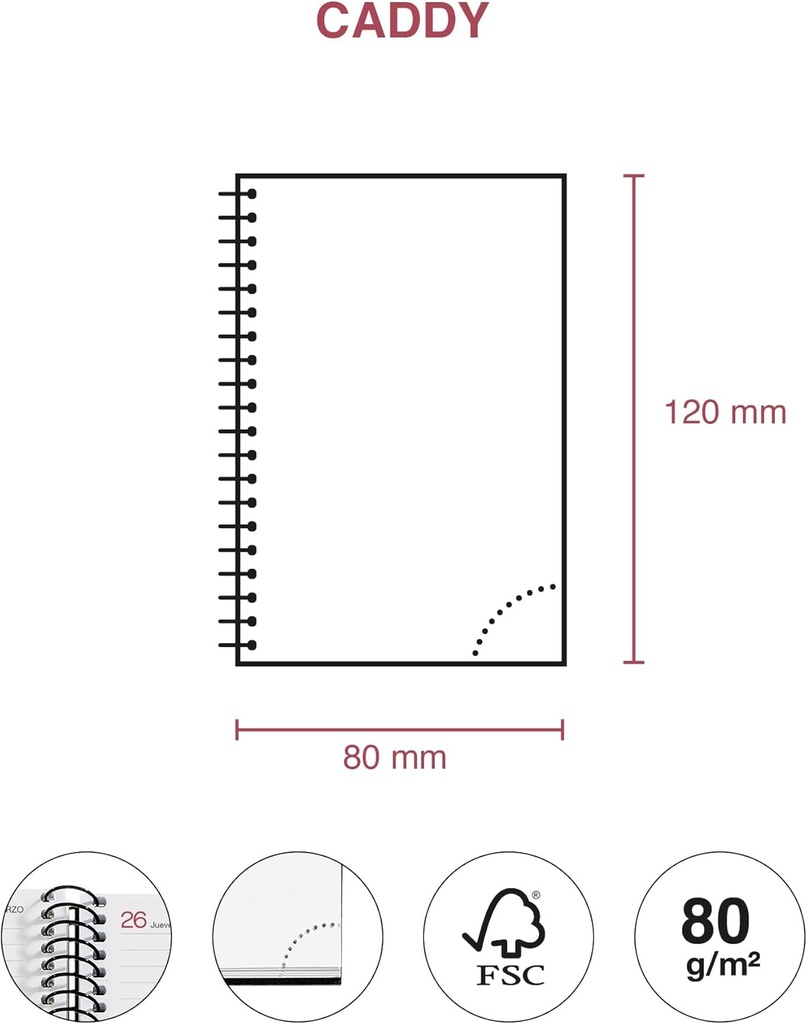 Agenda 2026 día por página, Pequeña y portátil (80 x 120 mm), Cubierta flexible polipropileno, Espiral, Papel 80 g/m², Planificador diario, Español-EN-PT, Color negro Miquelrius