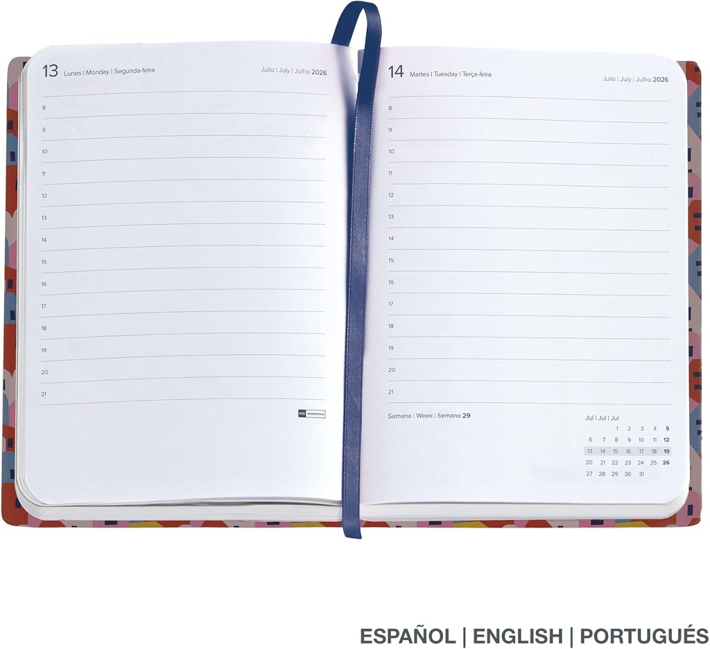 Agenda 2026 día por página, Fácil de llevar (122 x 168 mm), Planificación diaria, Cubierta rígida cartón, Espiral, Cierre goma elástica, Papel 80 g/m², Español-EN-PT, Houses Miquelrius