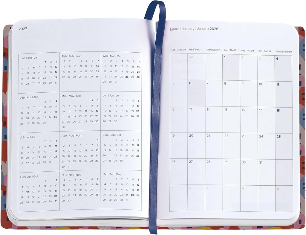 Agenda 2026 día por página, Fácil de llevar (122 x 168 mm), Planificación diaria, Cubierta rígida cartón, Espiral, Cierre goma elástica, Papel 80 g/m², Español-EN-PT, Houses Miquelrius