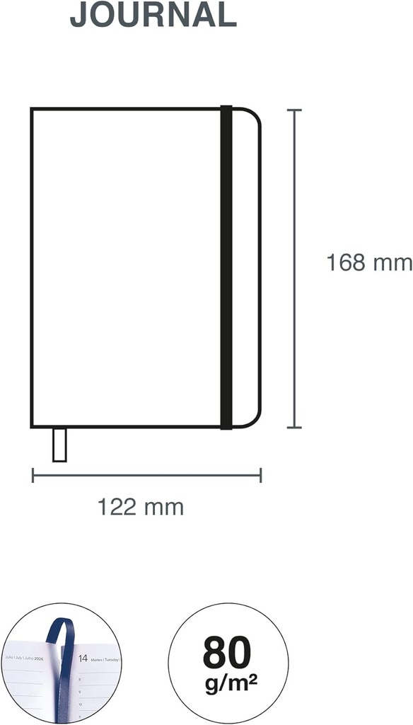 Agenda 2026 día por página, Fácil de llevar (122 x 168 mm), Planificación diaria, Cubierta rígida cartón, Espiral, Cierre goma elástica, Papel 80 g/m², Español-EN-PT, Houses Miquelrius