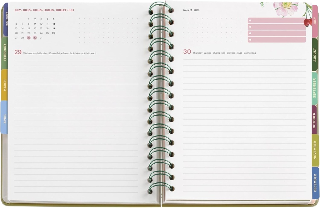 Agenda 2026 día por página, Similar A5+ (164 x 218 mm), Planificación diaria, Doble espiral, Cubierta cartón plastificado, Papel 100 g/m², 6 idiomas, Stickers, Diseño EntreDos, Amapola Miquelrius