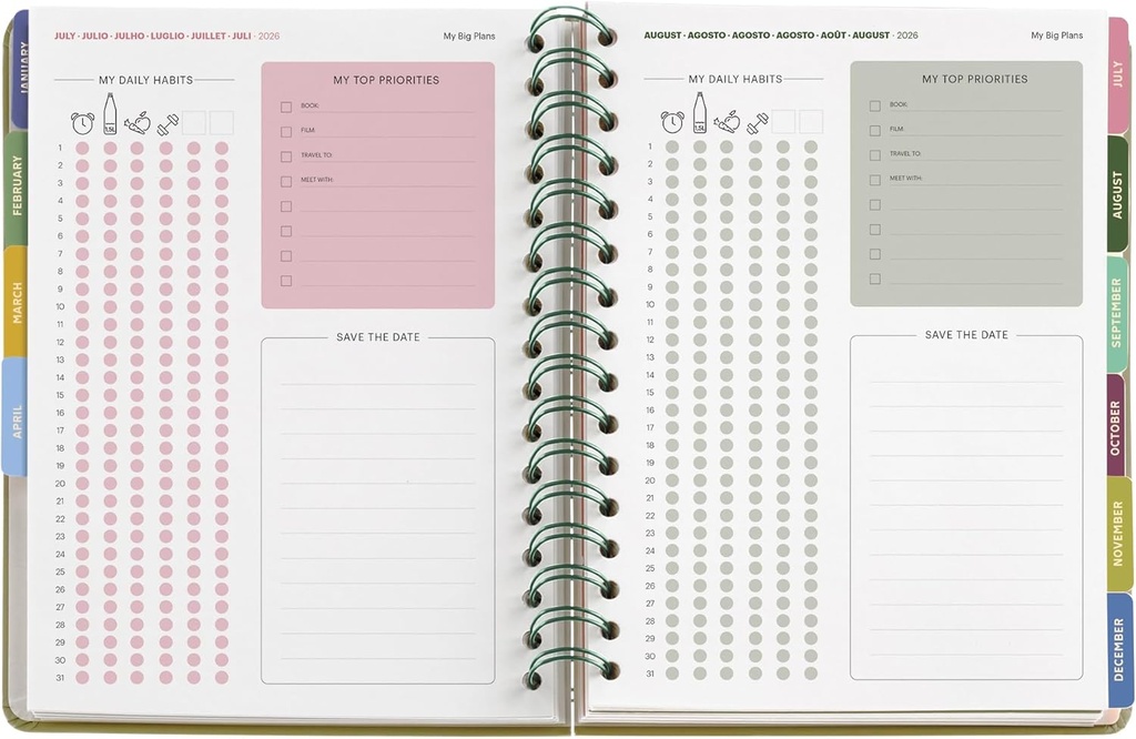 Agenda 2026 día por página, Similar A5+ (164 x 218 mm), Planificación diaria, Doble espiral, Cubierta cartón plastificado, Papel 100 g/m², 6 idiomas, Stickers, Diseño EntreDos, Amapola Miquelrius