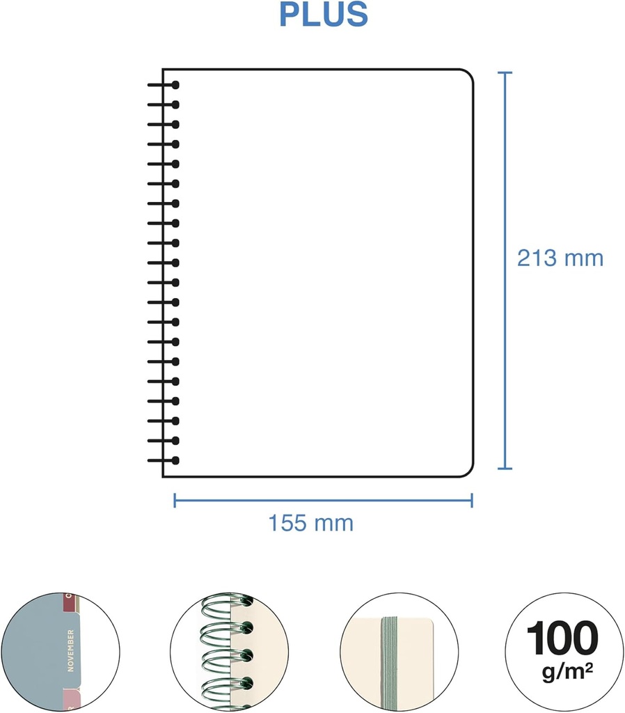 Agenda 2026 día por página, Similar A5+ (164 x 218 mm), Planificación diaria, Doble espiral, Cubierta cartón plastificado, Papel 100 g/m², 6 idiomas, Stickers, Diseño EntreDos, Amapola Miquelrius