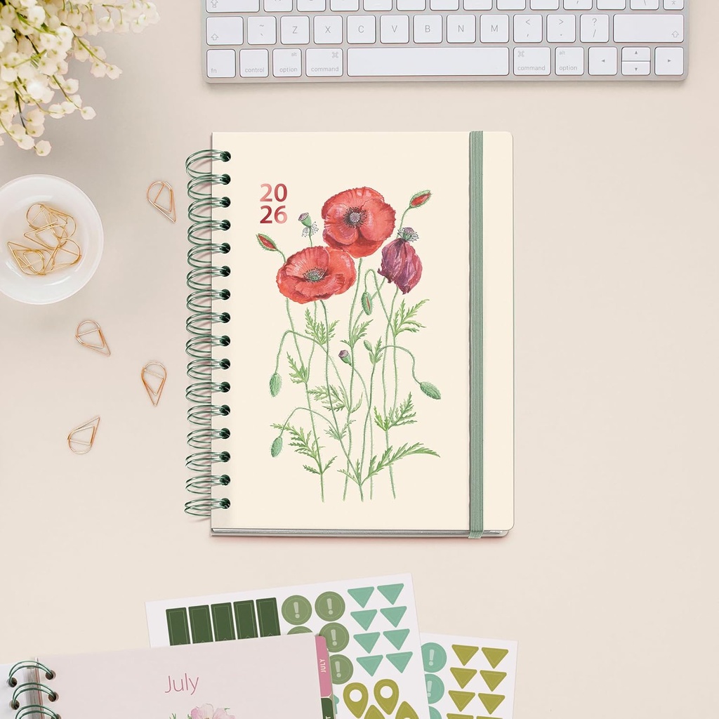 Agenda 2026 día por página, Similar A5+ (164 x 218 mm), Planificación diaria, Doble espiral, Cubierta cartón plastificado, Papel 100 g/m², 6 idiomas, Stickers, Diseño EntreDos, Amapola Miquelrius
