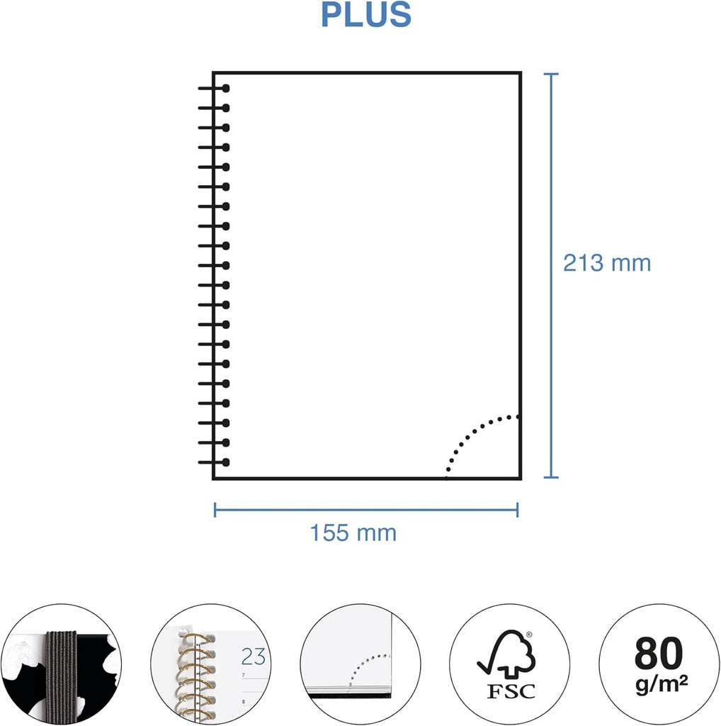 Agenda 2026 día por página, Similar A5+ (155 x 213 mm), Planificación diaria, Cubierta rígida cartón, Espiral, Cierre goma elástica, Papel 80 g/m², Español-EN-PT, Noir garden Miquelrius