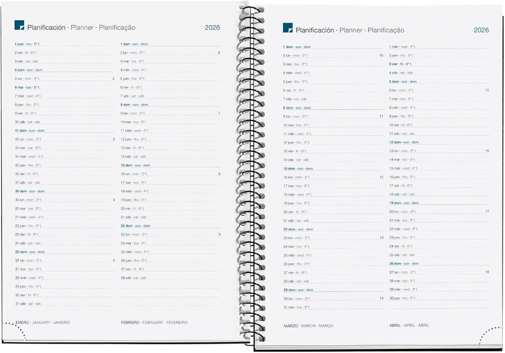 Agenda 2026 día por página, Similar A5+ (155 x 213 mm), Tapa cartón plastificado, Espiral y cierre goma elástica, Planificación diaria, Papel 80 g/m², Español-EN-PT, Grafito Miquelrius