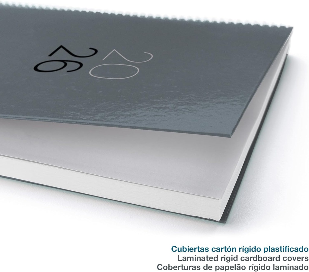 Agenda 2026 día por página, Similar A5+ (155 x 213 mm), Tapa cartón plastificado, Espiral y cierre goma elástica, Planificación diaria, Papel 80 g/m², Español-EN-PT, Grafito Miquelrius