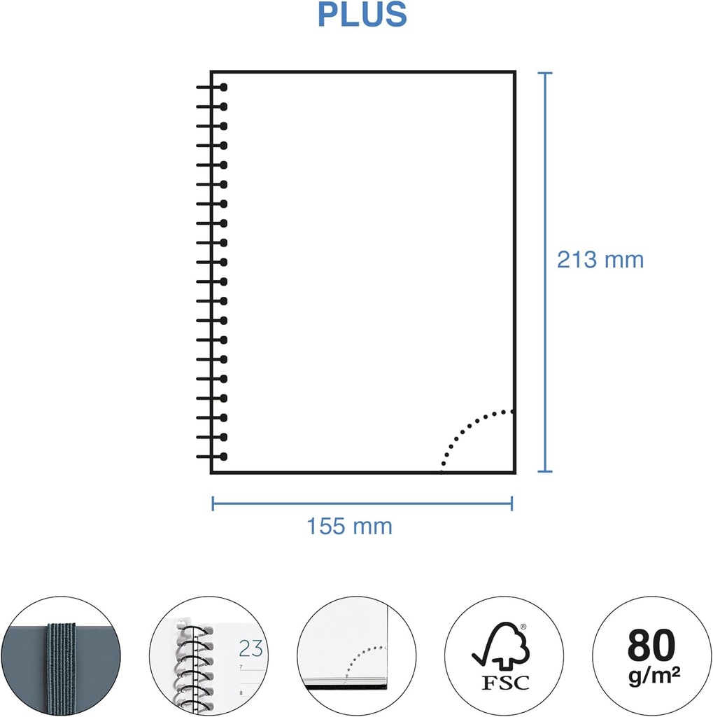 Agenda 2026 día por página, Similar A5+ (155 x 213 mm), Tapa cartón plastificado, Espiral y cierre goma elástica, Planificación diaria, Papel 80 g/m², Español-EN-PT, Grafito Miquelrius