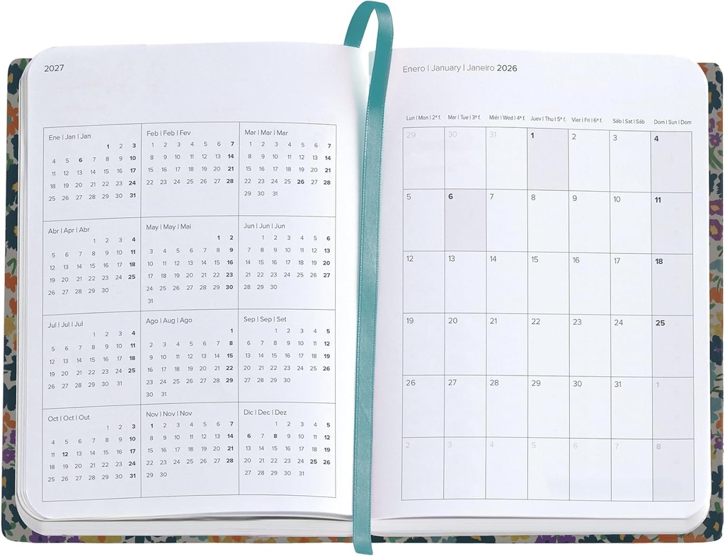 Agenda 2026 semana vista, Fácil de llevar (122 x 168 mm), Planificación semanal, Cubierta rígida cartón, Espiral, Cierre goma elástica, Papel 80 g/m², Español-EN-PT, Flowers Miquelrius
