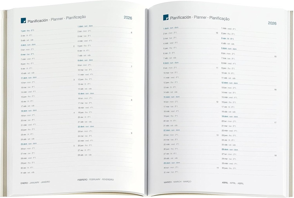 Agenda 2026 día por página, Similar A5+ (155 x 213 mm), Planificación diaria, Cubierta rígida cartón, Espiral, Cierre goma elástica, Papel 80 g/m², Español-EN-PT, Terrazo Miquelrius