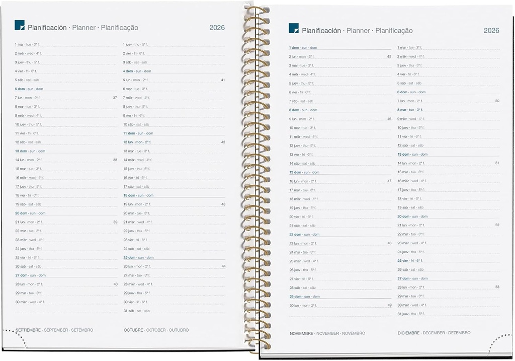 Agenda 2026 semana vista, Similar A5+ (155 x 213 mm), Planificación semanal, Cubierta rígida cartón, Espiral, Cierre goma elástica, Papel 80 g/m², Español-EN-PT, Anémona Miquelrius
