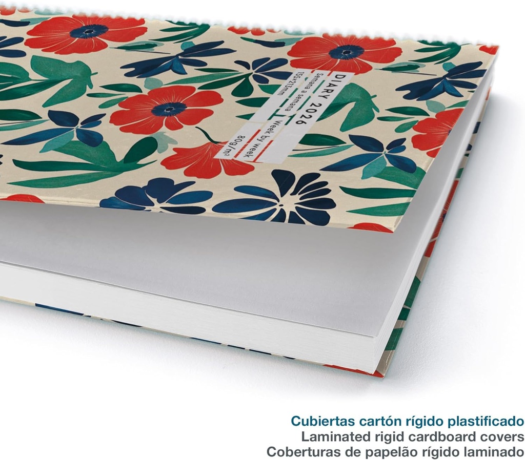 Agenda 2026 semana vista, Similar A5+ (155 x 213 mm), Planificación semanal, Cubierta rígida cartón, Espiral, Cierre goma elástica, Papel 80 g/m², Español-EN-PT, Anémona Miquelrius