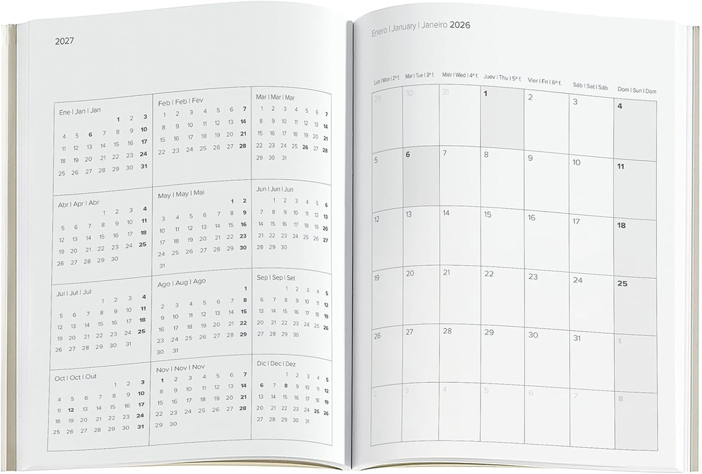 Agenda 2026 semana vista, Flexible y fácil de llevar (122 x 168 mm), Cubierta cosida suave tipo piel, Papel 80 g/m², Planificación semanal, Español-EN-PT, Cuadros silver Miquelrius