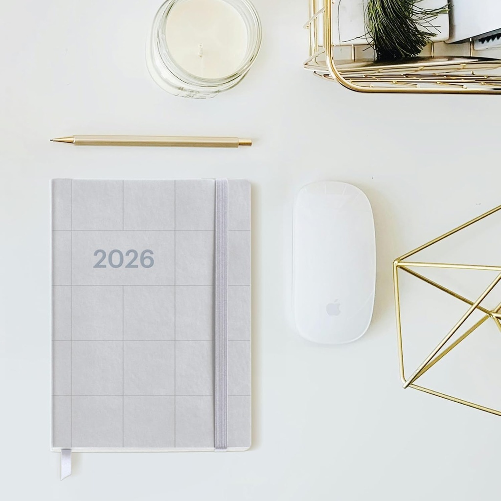 Agenda 2026 semana vista, Flexible y fácil de llevar (122 x 168 mm), Cubierta cosida suave tipo piel, Papel 80 g/m², Planificación semanal, Español-EN-PT, Cuadros silver Miquelrius