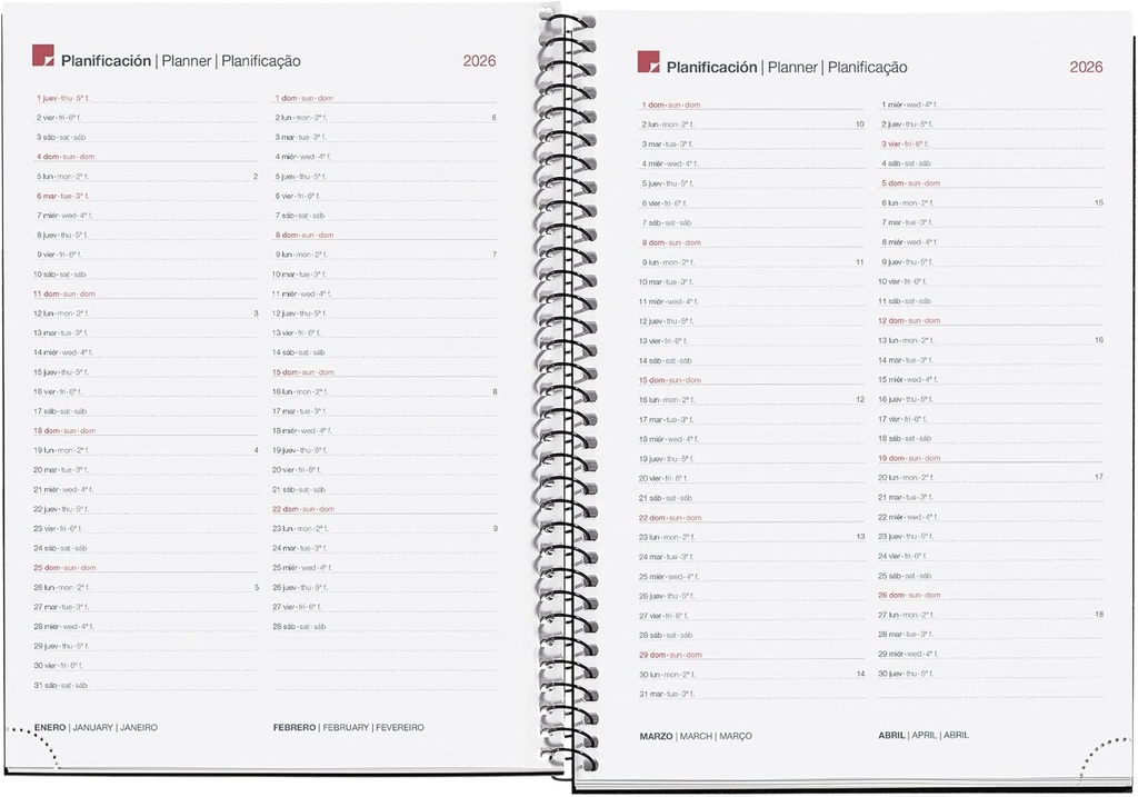 Agenda 2026 semana vista, Similar A5+ (155 x 213 mm), Cubierta flexible polipropileno, Espiral, Papel 80 g/m², Planificador semanal, Español-EN-PT, Color gris Miquelrius